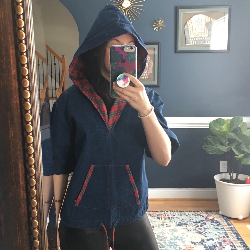 Vintage denim plaid pullover hoodie short sleeve